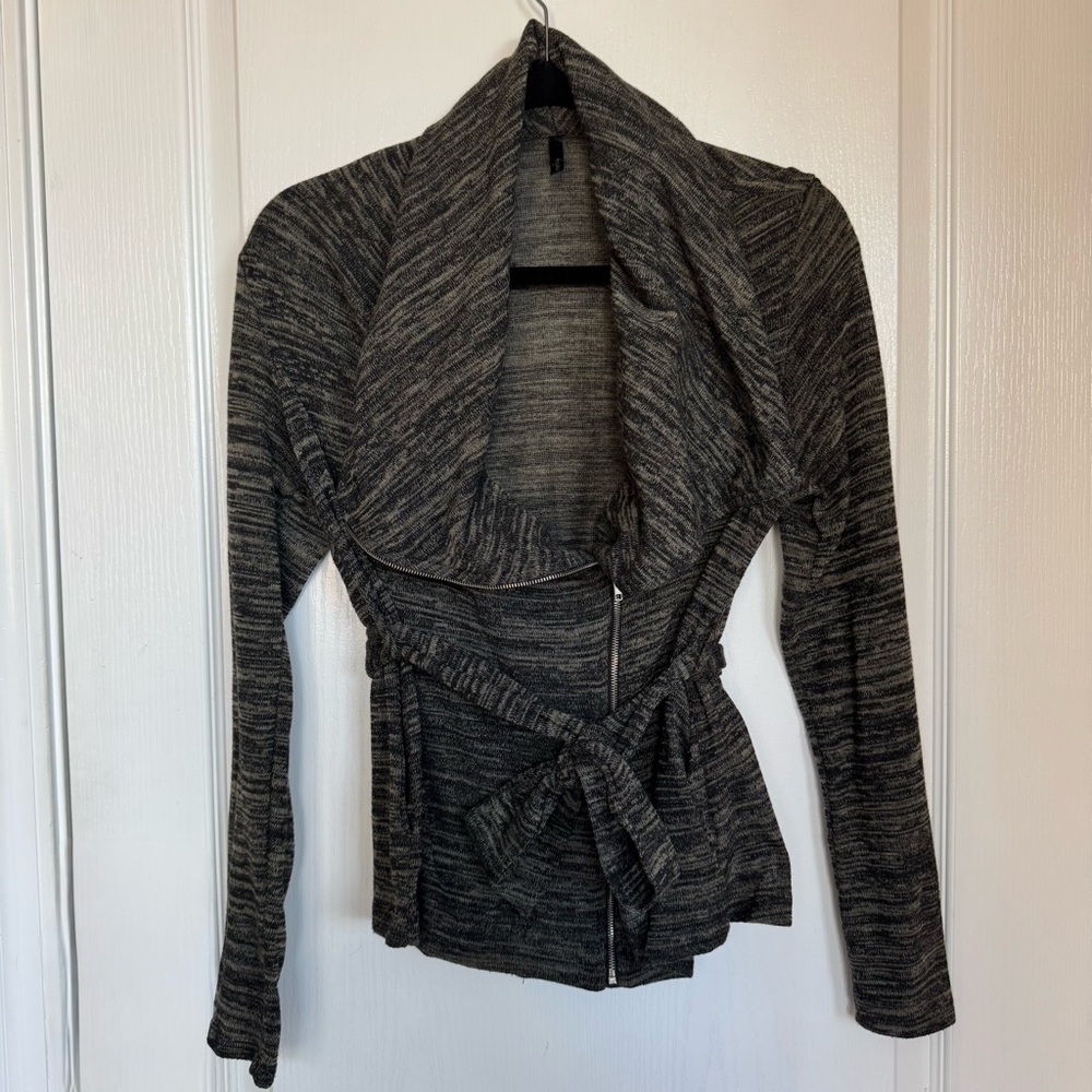 Gray Women's Zipper Sweater with Belted Waist